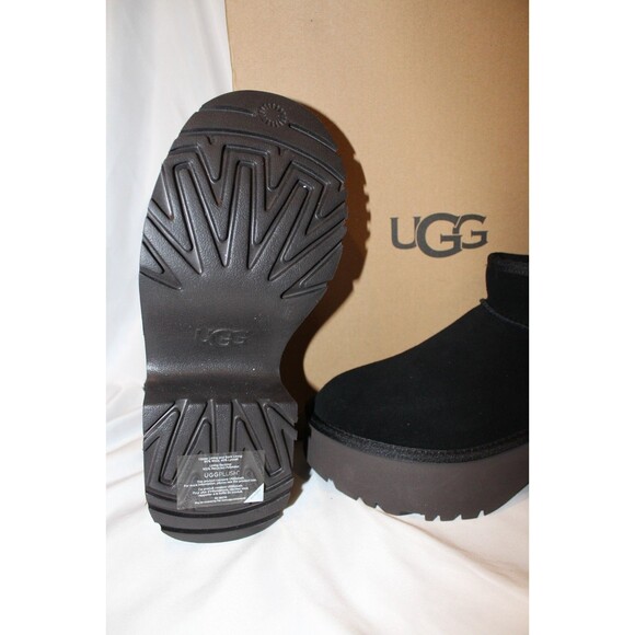 UGG WOMEN NEW HEIGHTS ULTRA MINI PLATFORM SUEDE‎ SHEARLING LINED BOOTS BLACK - Picture 7 of 7